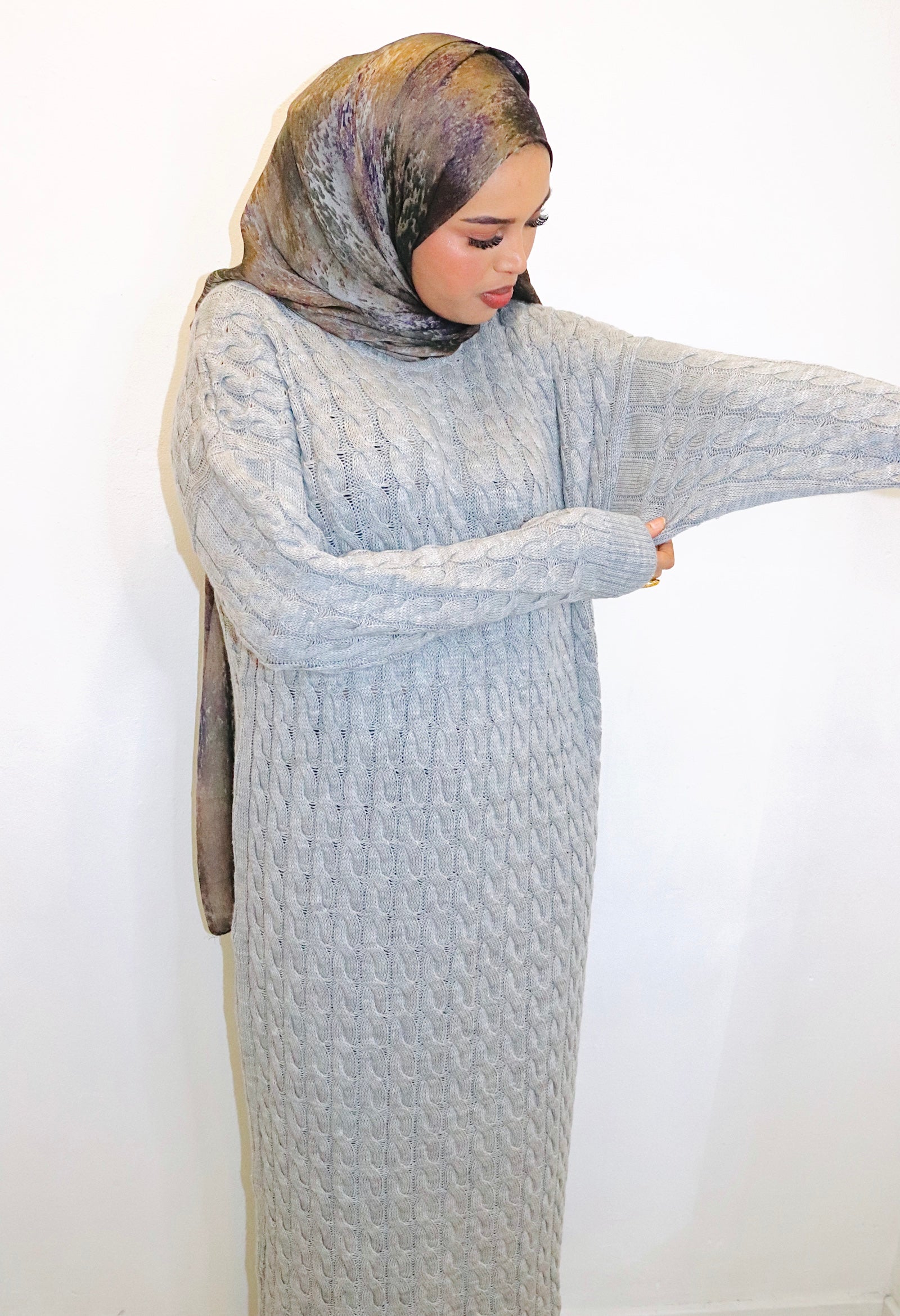 Cozy grey cable knit dress